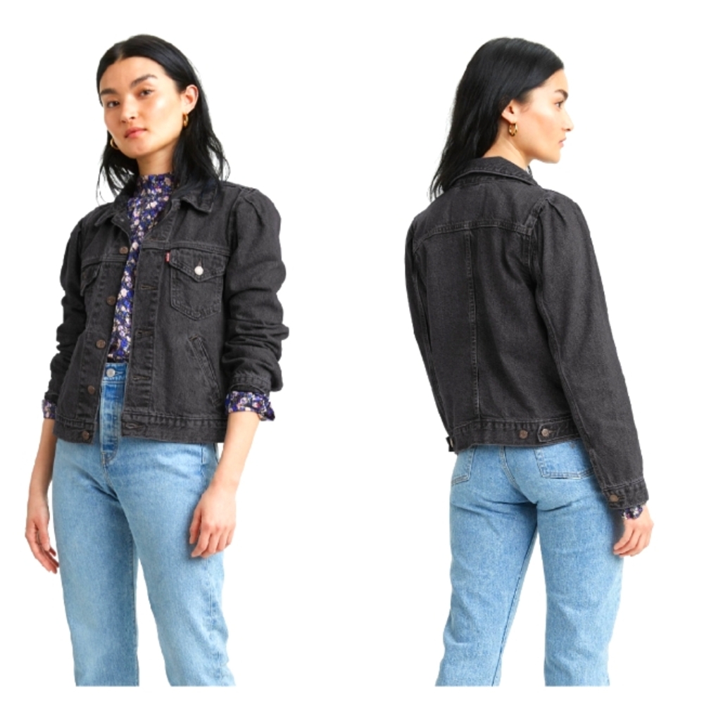 Levi's Original Utility Trucker Jacket w/ Puff Sleeves in Washed Black-Size S